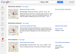 Google+ Local - Auflistung der empfohlenen Orte in der Umgebung