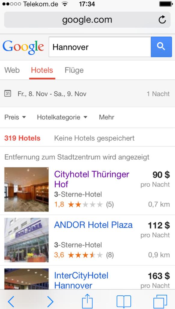 Google Hotelfinder auf Smartphone