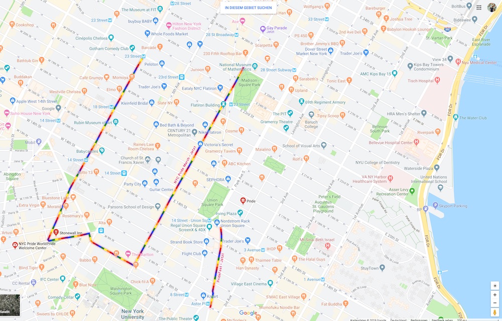 Google Maps zeigt Gaypride-Routen in Regenbogenfarben